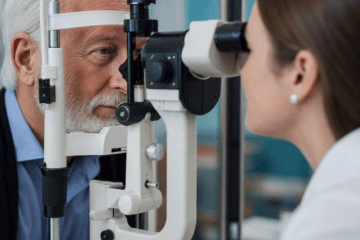 Older adult having an eye examination at an opticians for cataract assessment
