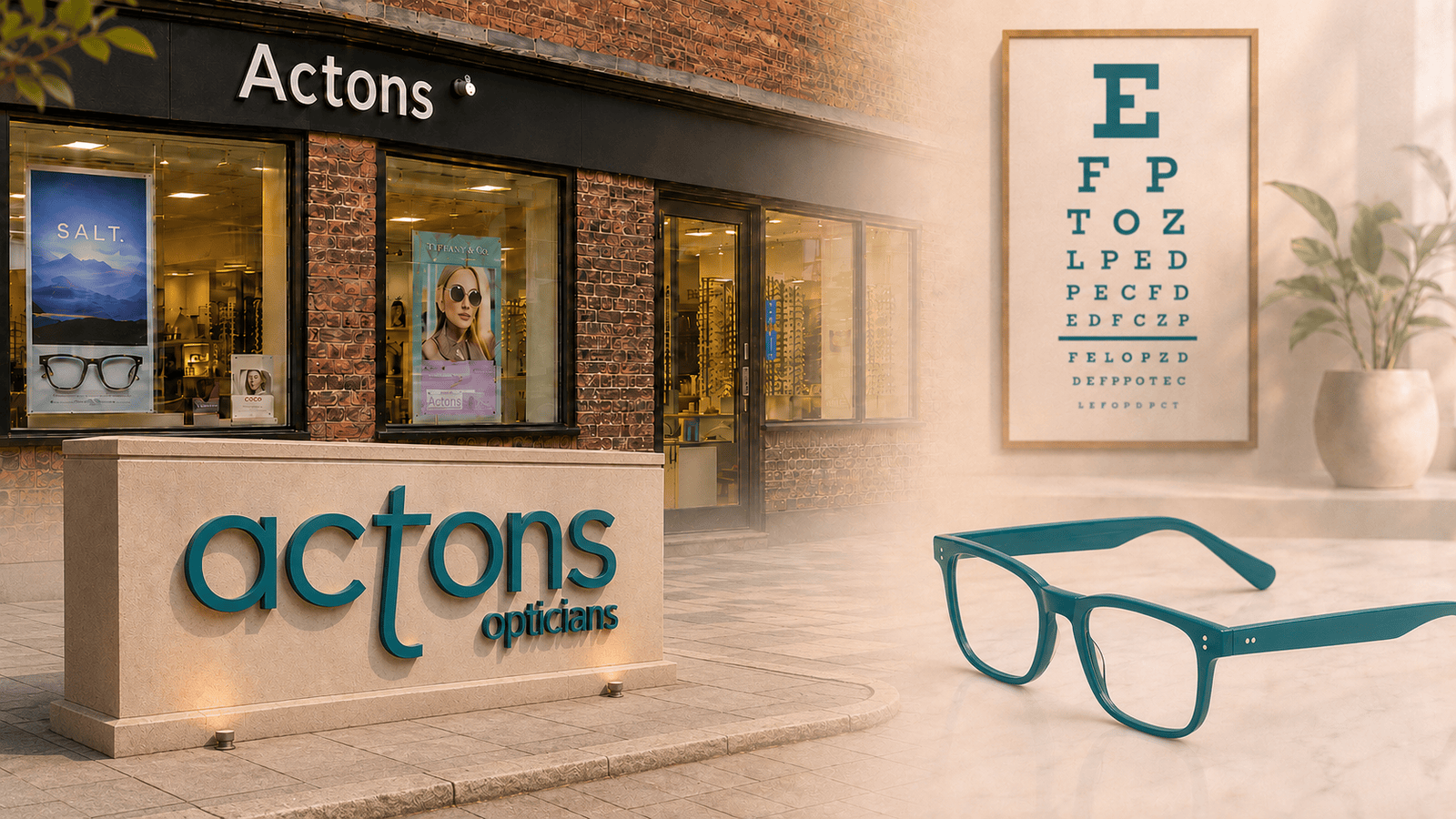 Actons Opticians Worcester storefront with Actons logo, eye test chart and teal spectacle frame
