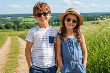 Boy and girl wearing sunglasses in the countryside on a bright sunny day
