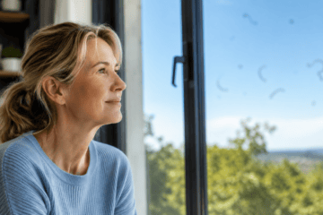 Woman noticing eye floaters while looking towards a bright window