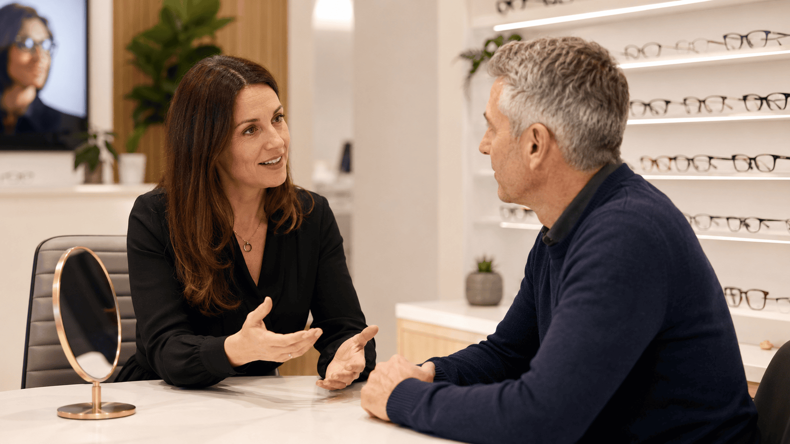 Optometrist discussing flashes and floaters with a patient