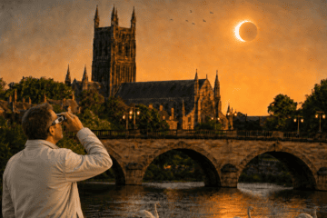 Partial solar eclipse over Worcester Cathedral and Worcester Bridge