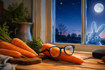 Carrots wearing spectacles beside a moonlit window, illustrating the myth that carrots improve night vision