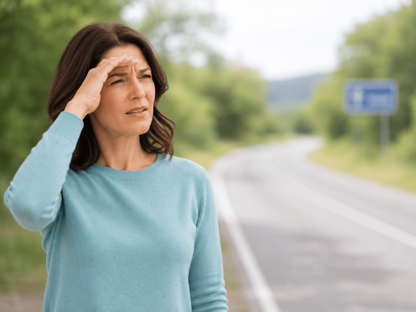Woman squinting to see a distant road sign, illustrating short-sightedness