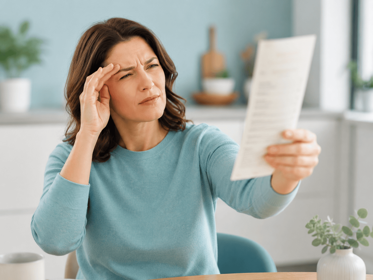 Middle-aged woman holding reading material at arm's length, illustrating presbyopia