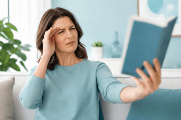 Woman holding a book farther away to read, illustrating long-sightedness