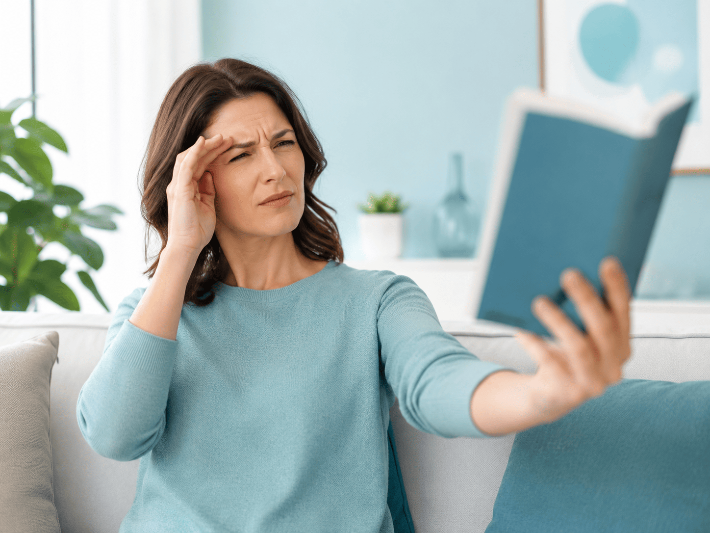 Woman holding a book farther away to read, illustrating long-sightedness