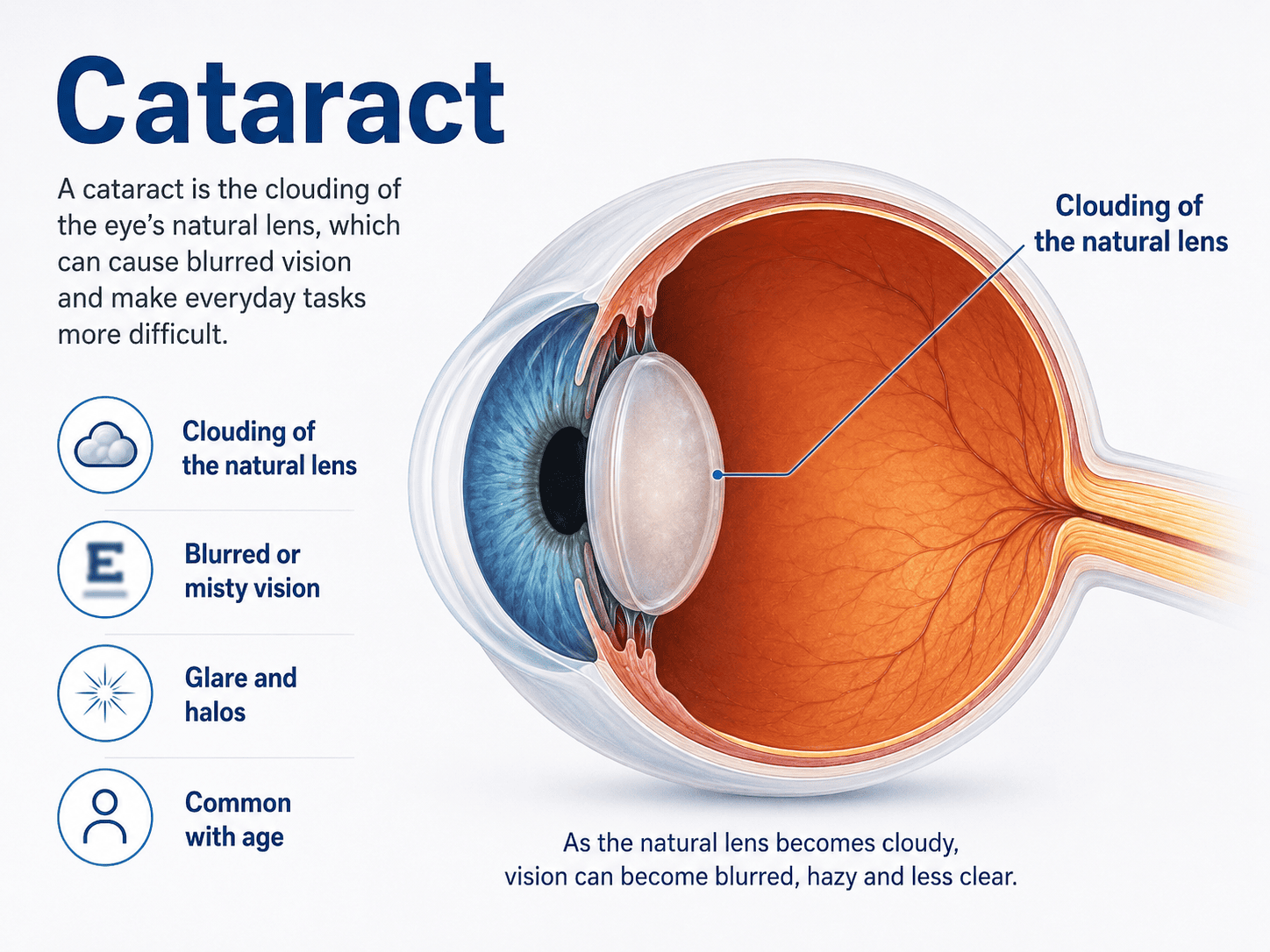 Illustration showing a cataract clouding the eye's natural lens and causing blurred vision and glare