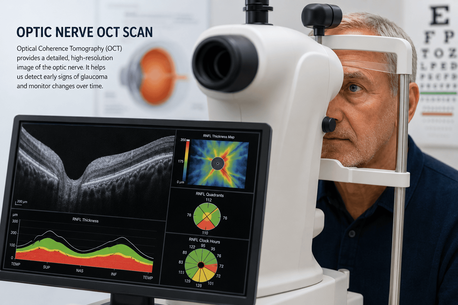 Optic nerve OCT scan used to assess retinal nerve fibre layer changes in glaucoma
