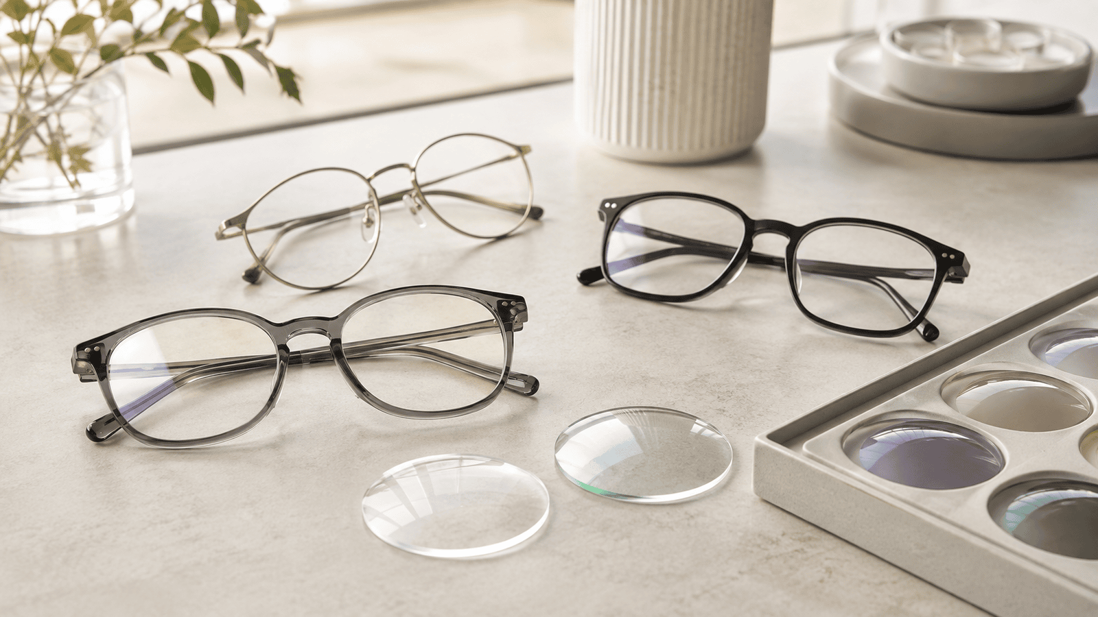 Selection of spectacle frames and lens samples illustrating different lens options