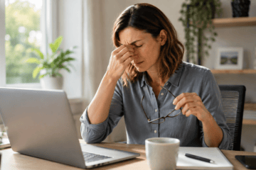 Woman experiencing tired eyes after working at a laptop