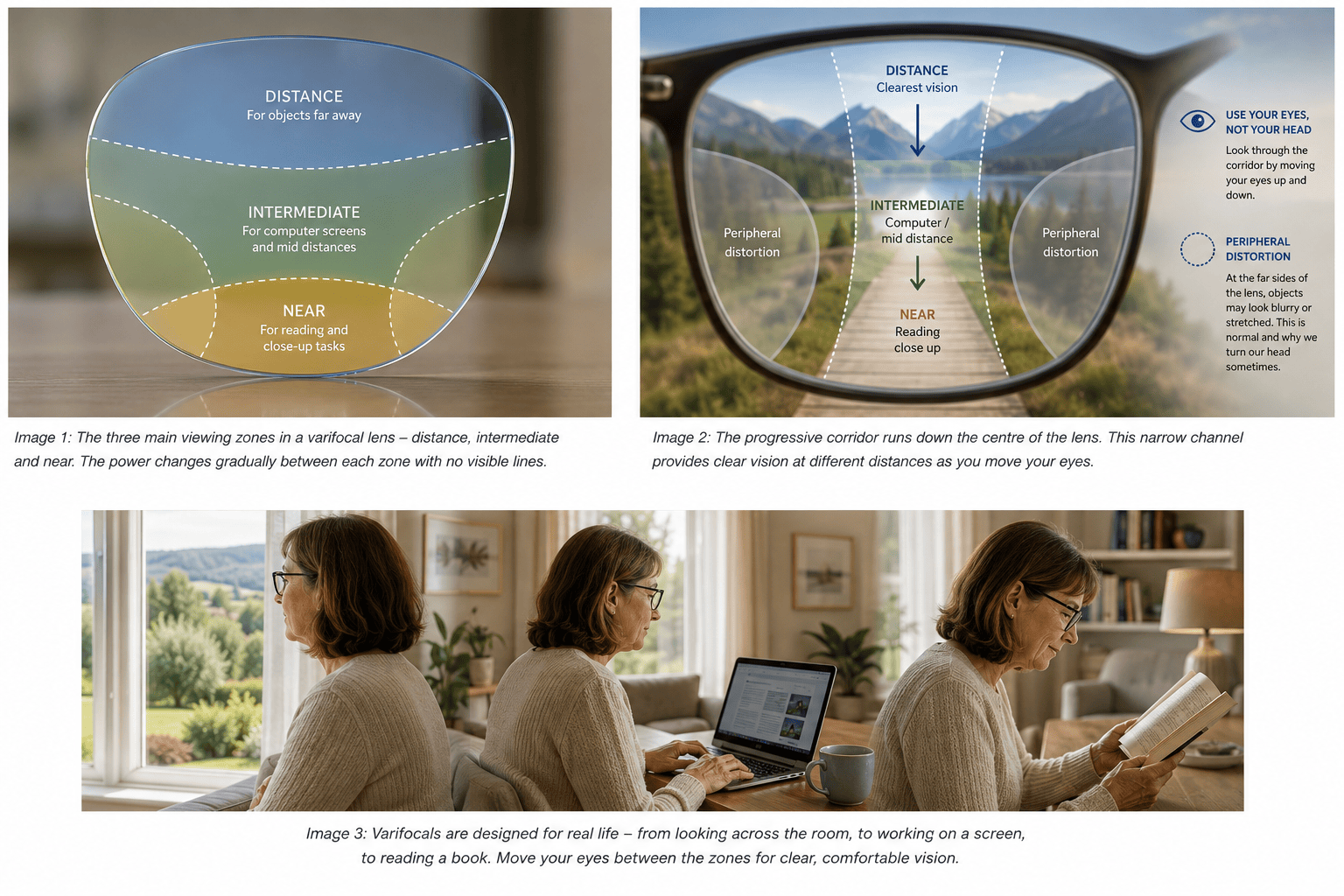 Illustration showing the distance, intermediate and near viewing zones in varifocal lenses