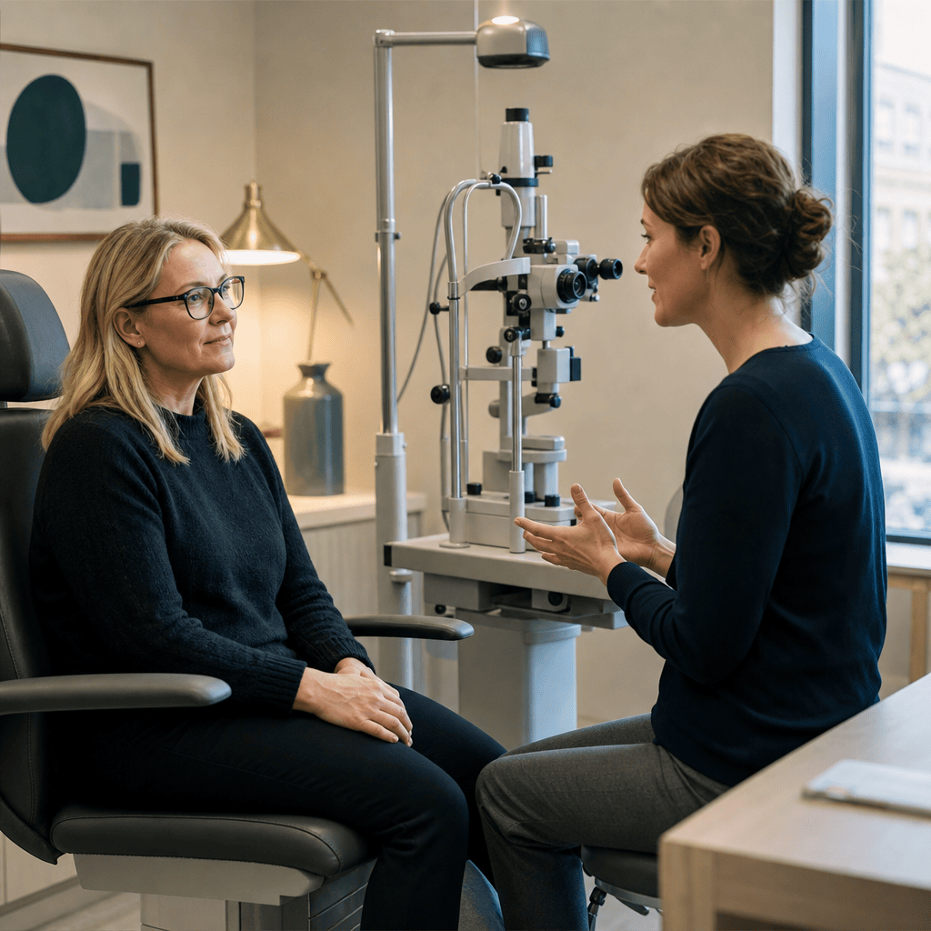 Optometrist discussing eyecare with a patient in a calm consulting room
