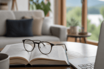 Varifocal glasses resting on an open book beside a laptop in a naturally lit room