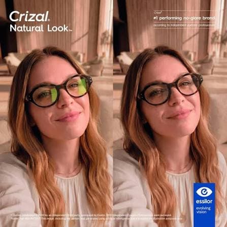 Comparison showing coloured lens reflections reduced with Crizal Natural Look